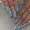 European and American Blue Long Wear Armor Flower Bow Glitter Temperament Sweet Cool Girl Nail Art Piece White Nails