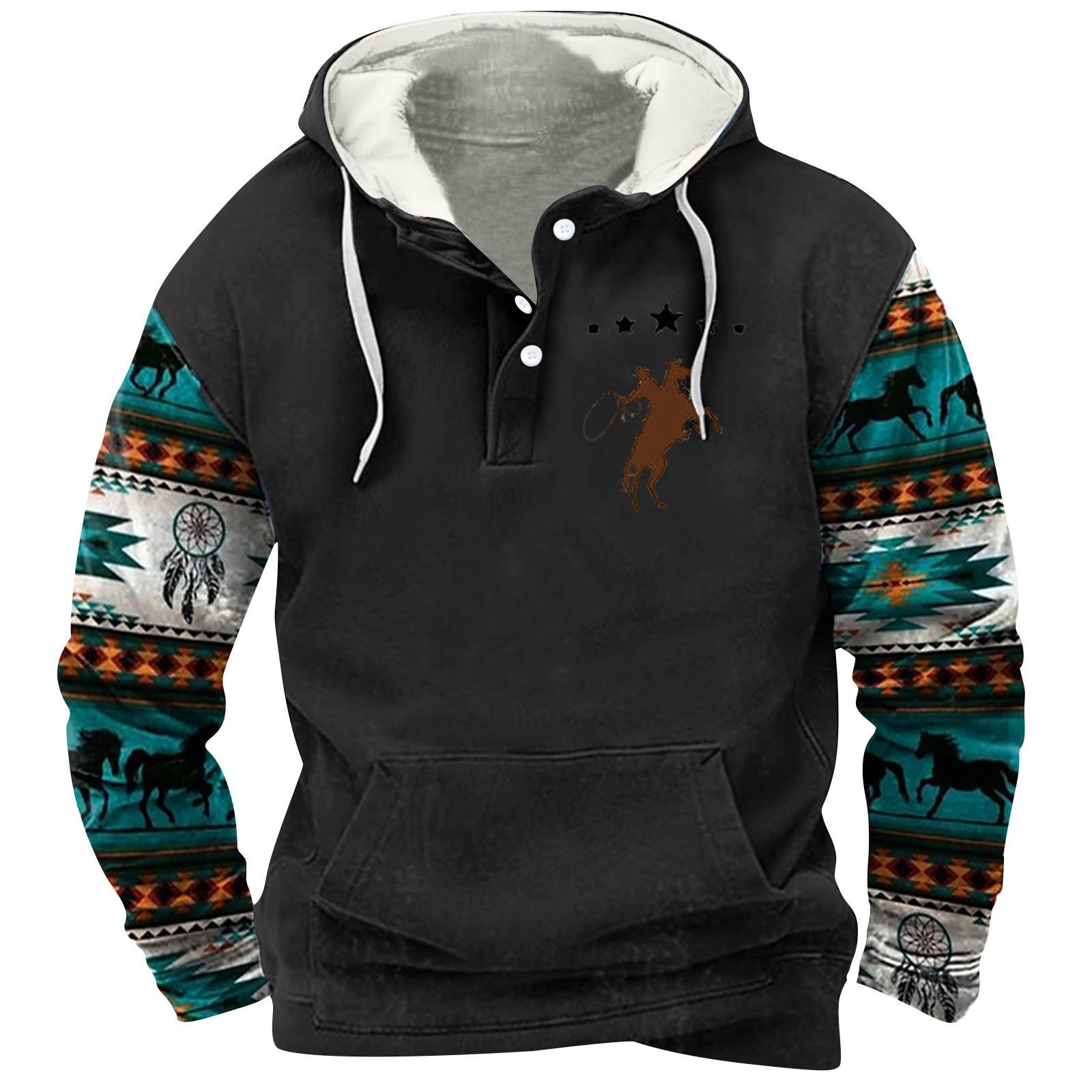 

Men s Fashion Printed Retro Shoulder Half Button Hooded Sweater XXXXL чорний