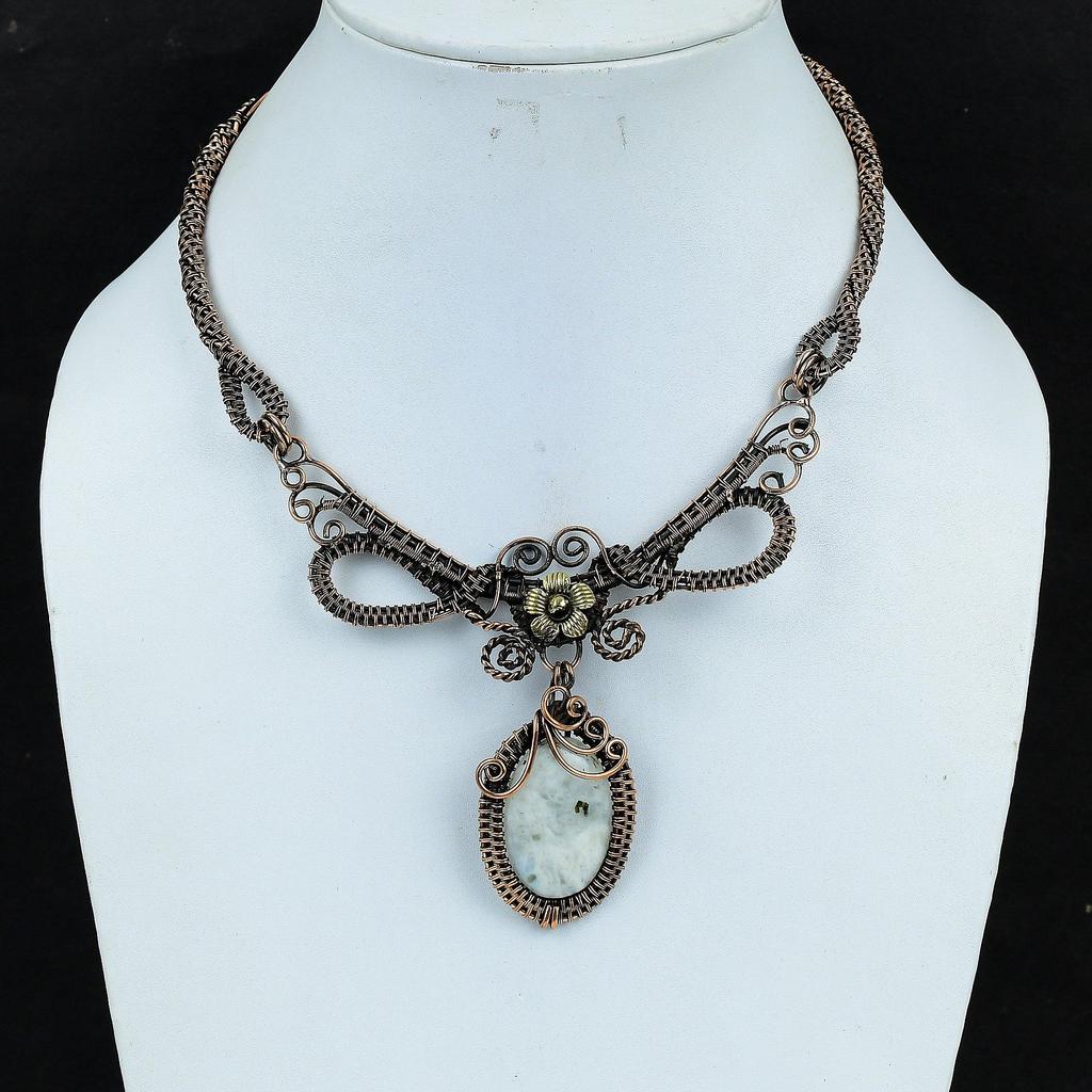 Rainbow Moonstone Necklace Gemstone Jewelry, 999 Copper Wire Wrapped Necklace, Adjustable Handmade Beautiful Jewelry Chain Necklace