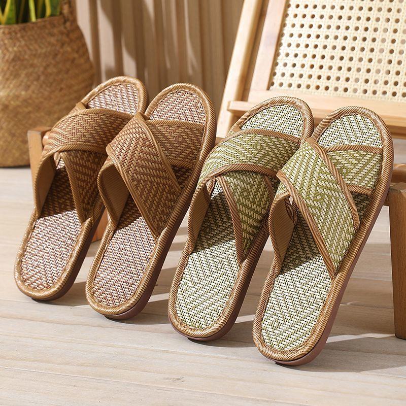 Cross Woven Bamboo Linen Indoor Home Thick Bottom Anti Slip Home Couple Floor Slippers