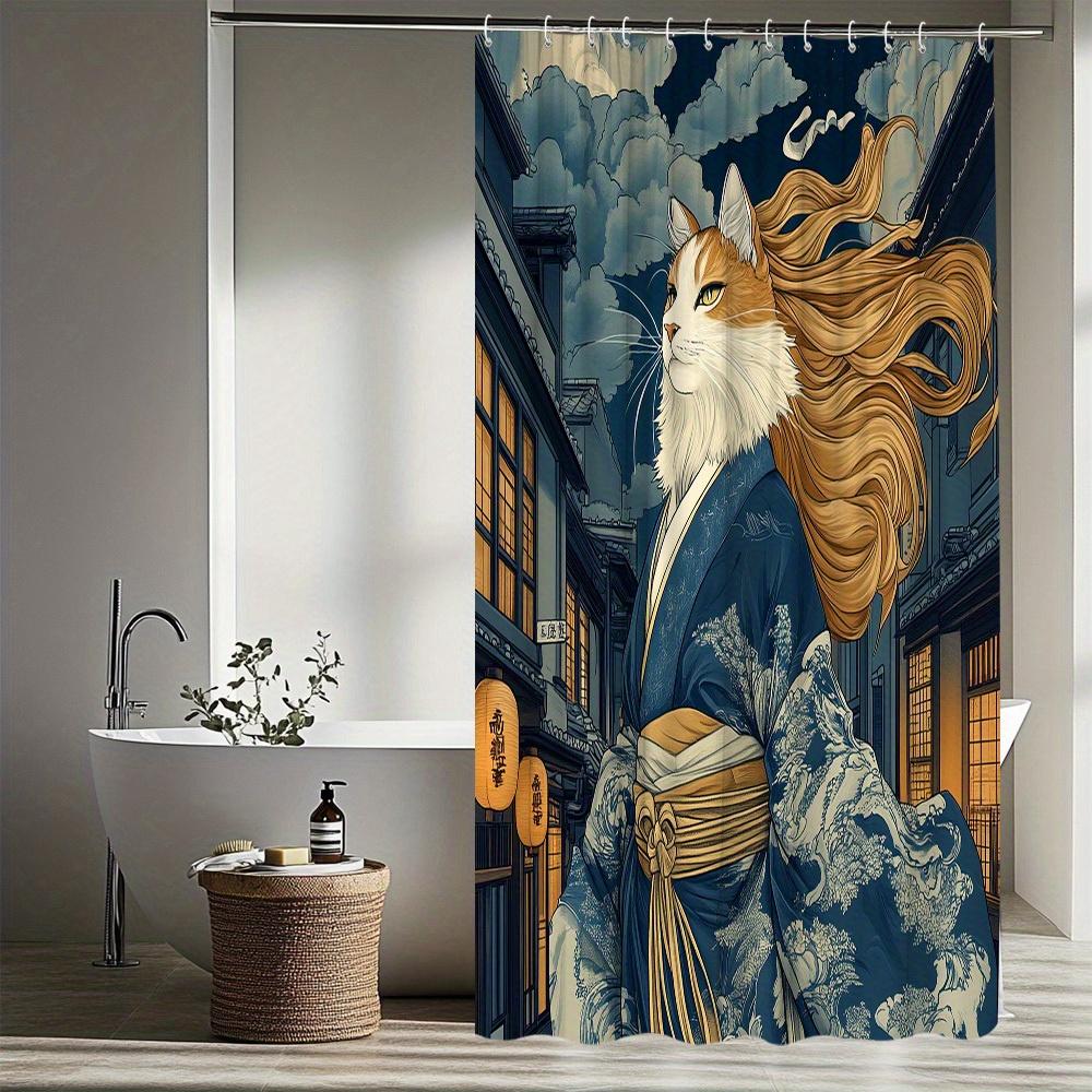 1Pc Cat Shower Curtain Warrior Cat House Pattern Japanese Style Cartoon Animal Shower Curtain With 12 Hooks Easy To Install Size