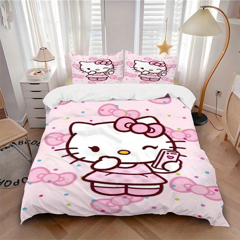 3pcs Sweet Hello Kitty Printed Bedding Set, Soft and Comfortable Quilt Cover for Bedroom, Guest Room (1 Duvet Cover + 2 Pillowcases, Pillow