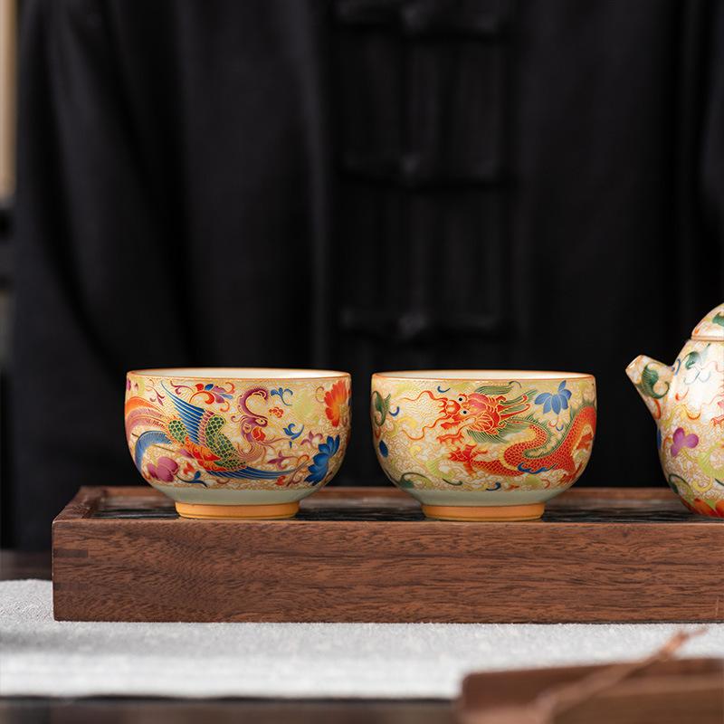 Set de cești Dragon și Phoenix, ceașcă unică cu glazură Ru, ceașcă de ceai de înaltă calitate pentru proprietar, poate hrăni ceștile de ceai, suvenir de lux ușor comemorativ pentru nuntă
