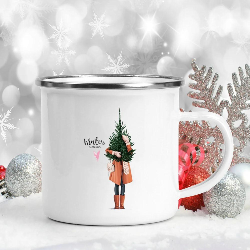 Happy Holidays! Printed Mugs Enamel Handle Drink Beer Juice Cups Girl Christmas Tree Coffee Cup Xmas Eve Gift For Lover  Friend