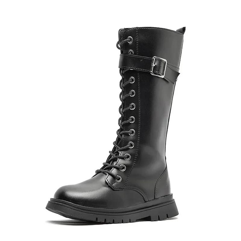 

Girls Long Boots Black Knee-high Autumn Winter Children High Tide Boots Zipper Kids Motorcycle Boots 37 чорний