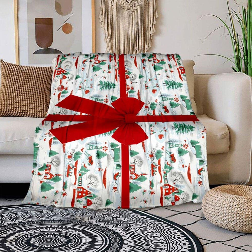 

Christmas Wrapping Paper Roll - Festive Winter Scene with Houses, Trees, and SnowflakesBlanket Flannel Throw Blanket for Sofa, Bed, Travel, 150x180cm