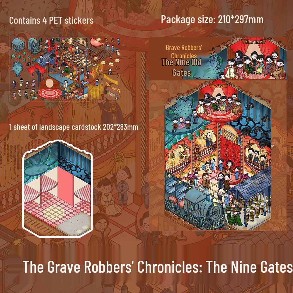 4 PET Sheets: Large Format Old Nine Gates Scenery Stickers for DIY Miniature Worlds