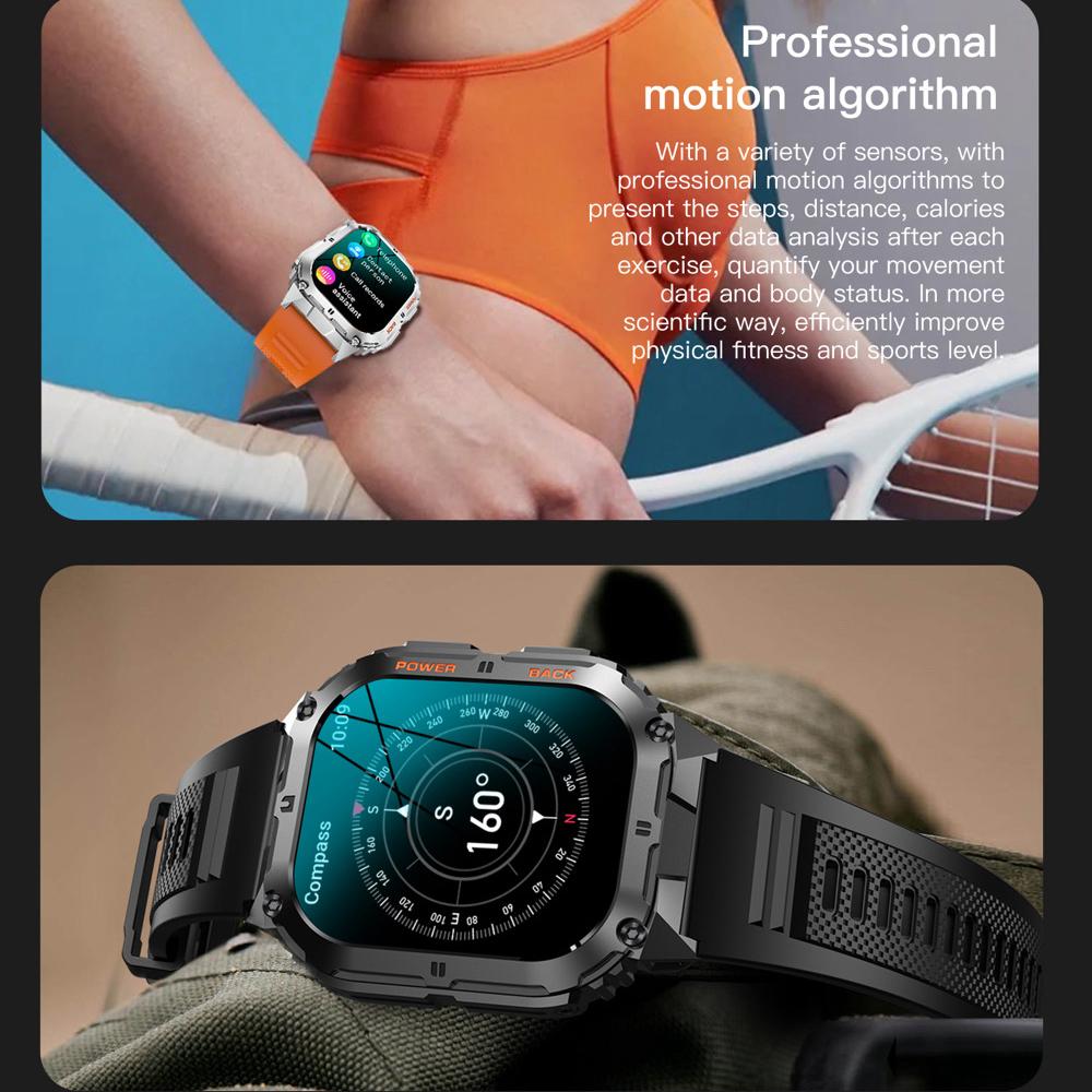 Smart Watch Sports Fitness Men 1.96" AOMLED Screen Outdoor Compass Blue Tooth Call Smartwatch Health Waterproof Voice Assistant