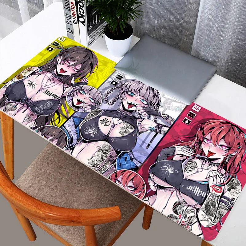 Gaming Mouse Pad Large Desk Mat Antislip Rubber Stitched Edges Tattooed Anime Girls Collage Art Print Extended Office Mat