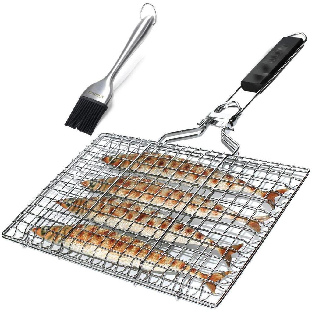 Fish Grilling Basket Folding Portable Stainless Steel BBQ Grill Basket for Fish Vegetables Shrimp with Removable Handle Come with Basting Brush