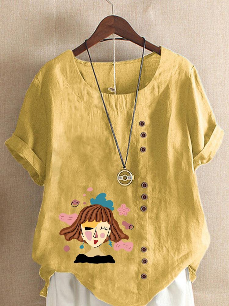 Women's Fashion Abstract Girl Print Shot Sleeve T-shirt Loose Cotton Shirt Casual Loose Summer Plus Size Blouse Tops