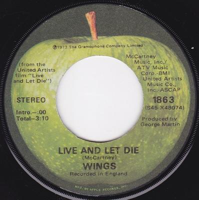 7inch Record WINGS - Live And Let Die 1863 Apple Records 1973 US Rock Used