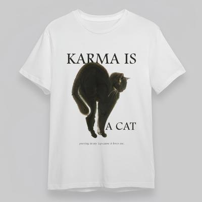 Damen Oversize T-Shirt mit Karma Is A Cat Grafik Unisex 100% Baumwolle Oberteile