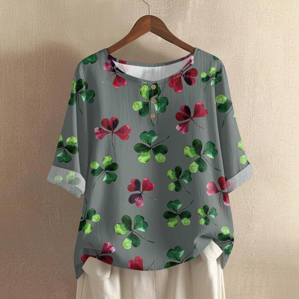 Women's Fashionable And Casual Shirt 3/4 Sleeve Round Neck Print Blouse Top