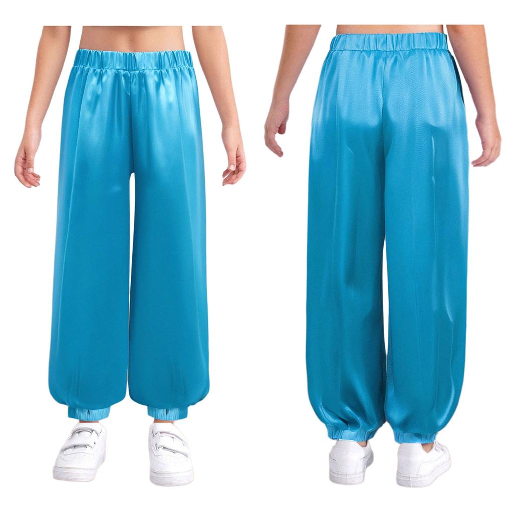 Girls Satin Bloomers Belly Dance Pants Elastic Waistband Loose Fit Solid Color Performance Outfit