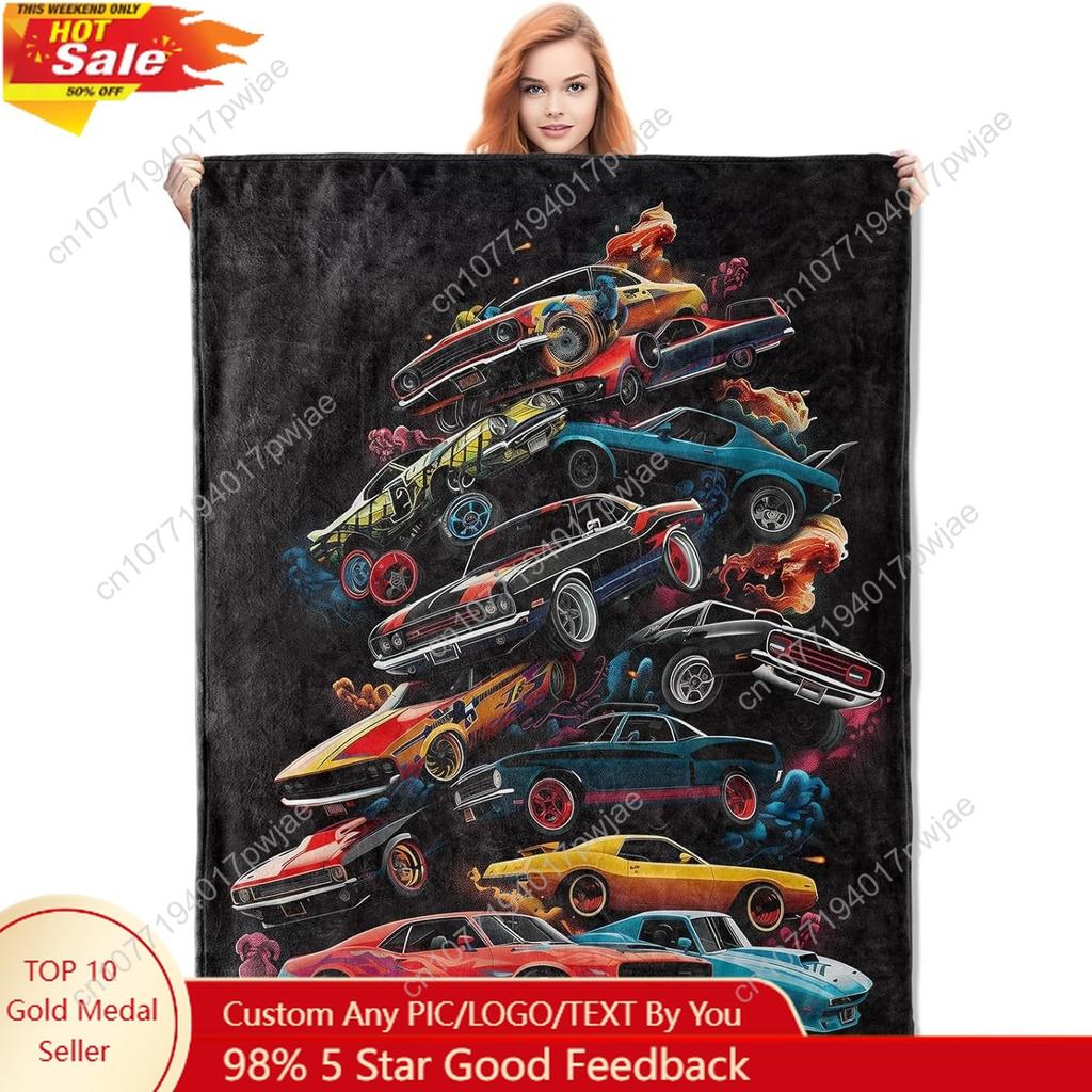 Muscle Cars Throw Blanket, Black Vintage Sports Car Print Fleece Blanket, Lightweight Warm Blanket for Boys Kids Teens Adults, P