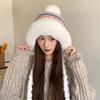 Fur Brim Pompom Braids Hat Striped Knit Earflap Winter Cap Fleece Knit Beanie  Teens