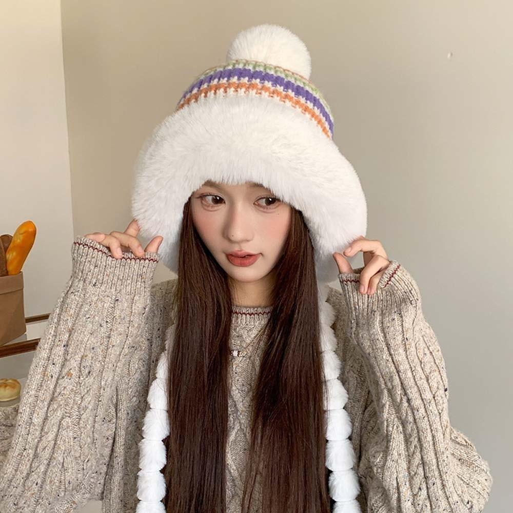 Fur Brim Pompom Braids Hat Striped Knit Earflap Winter Cap Fleece Knit Beanie Teens