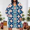 Women Plus Size Blue Pink Geometric Printed V Neck Long Sleeve Fitted Dress