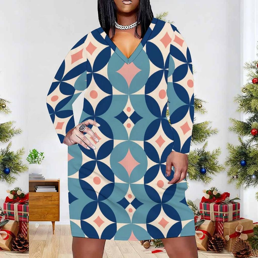 Women Plus Size Blue Pink Geometric Printed V Neck Long Sleeve Fitted Dress