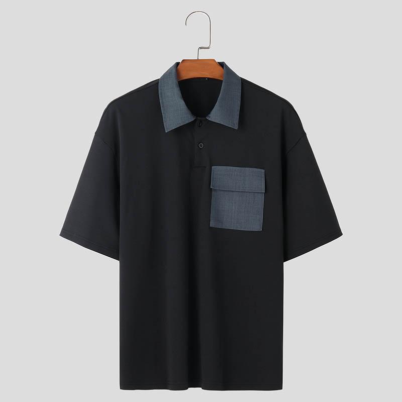 

INCERUN Мужские короткие топы с лацканами и воротником-стойкой, повседневные футболки большого размера