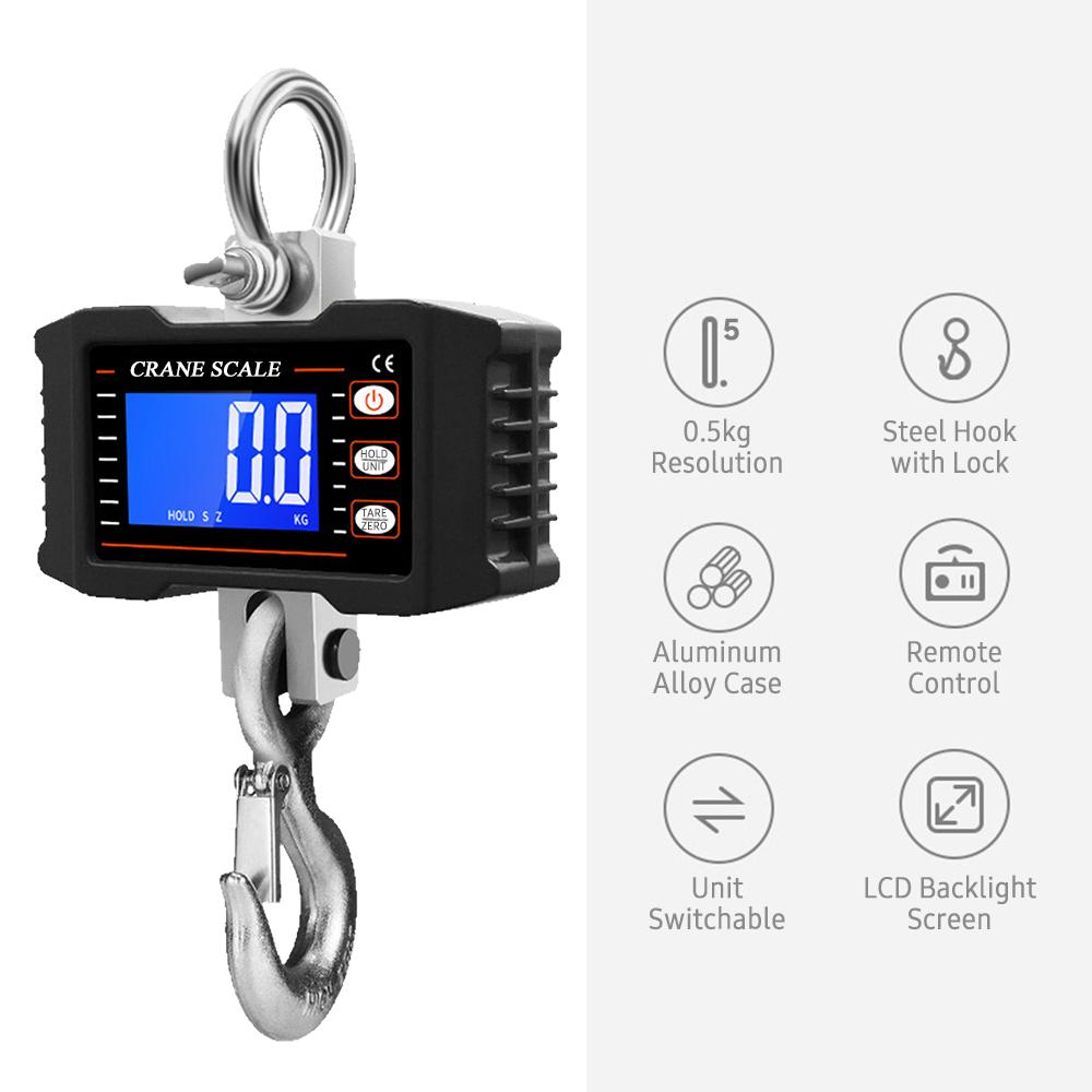 Digital Hanging Scale with Remote Control 1000kg/ 2204lbs Portable Hvy Duty Crane Scale LCD Backlight Industrial Hook Scales Unit Change/ Data Hold/ T