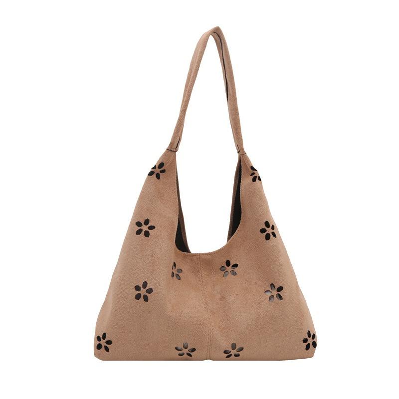 Large capacity underarm commuter bag women's bag new simple suede flower hollow tote bag