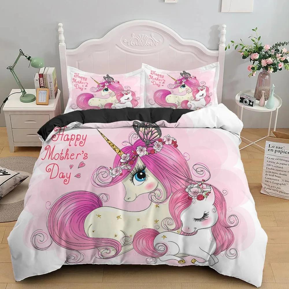 Cute Unicorn Duvet Cover Set Girly Pink Castle Bedding Set Single Twin Size For Princess Girl Dedicated Bedroom Decor Bedclothes
