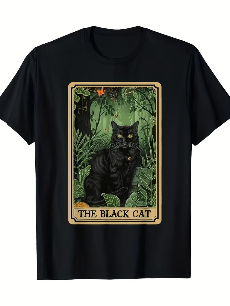 Black Cat Tarot Card Graphic Tee Mystical Forest Print Soft Round Neck Casual TShirt for Adults
