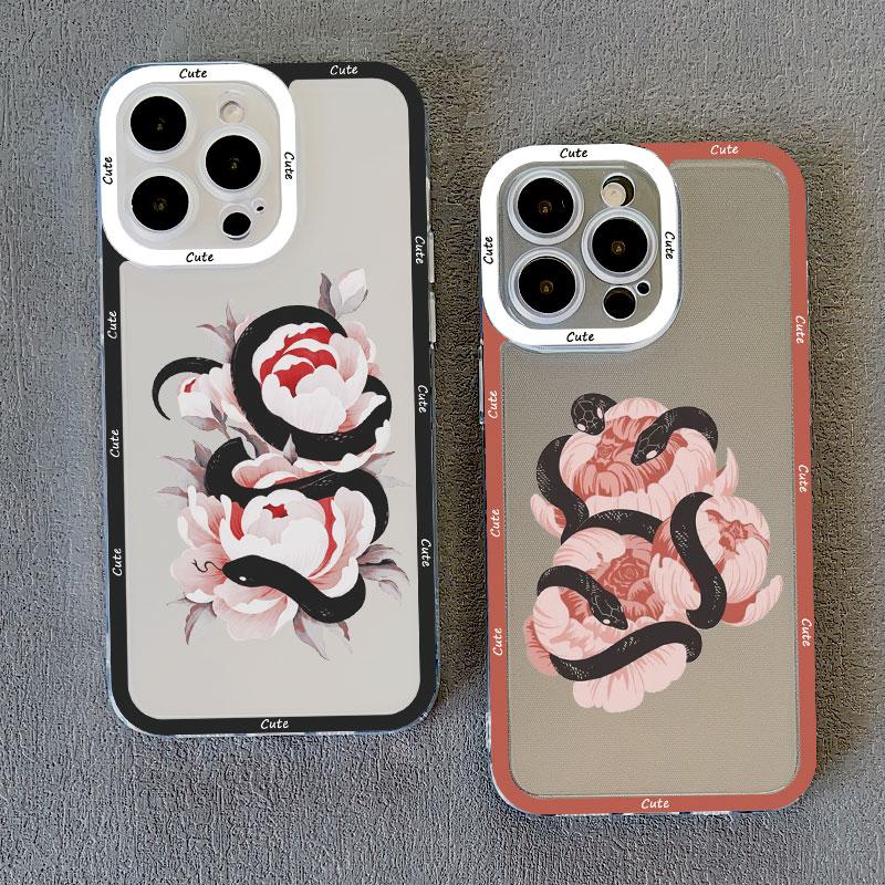 Rose Floral Snake Clear Phone Case For IPhone 11 14 Pro Max 13 12 Pro Max X XR XS SE2 14 8 7 Plus Transparent Back Cover Fundas