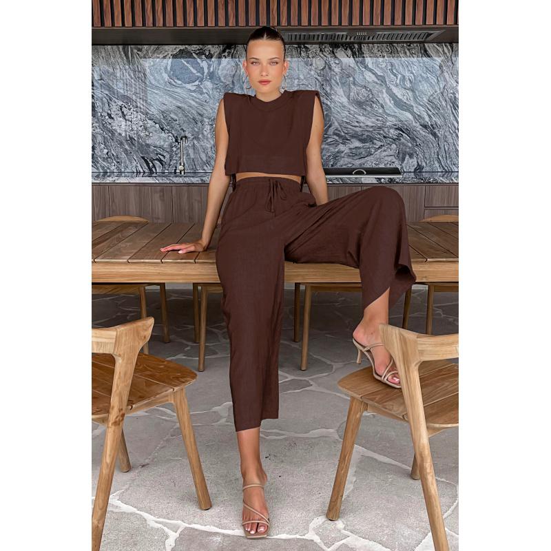 Fashion Cotton-Linen Women Summer Outfit Sleeveless Top And Long Pants Two-Piece Casual Set