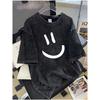 's Heavyweight 230gsm 100% Oversized T-Shirt - Vintage Washed Black & White joyful Face Print, Short Sleeve Round Neck Casual Summer Tee, Breathable