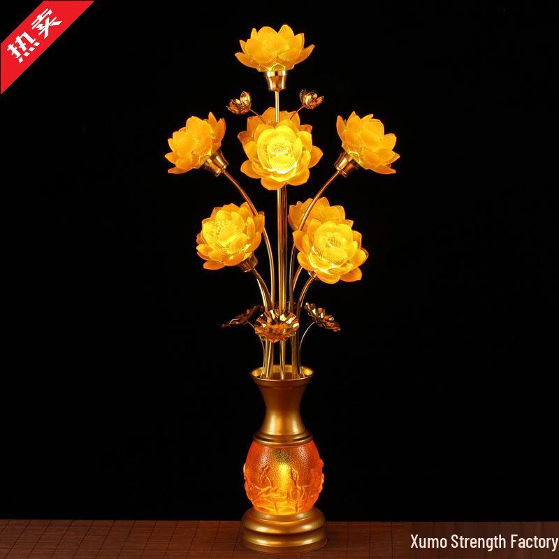 Seven-Color Lotus Lamp for Buddha Offering: Ever-Burning Guanyin Home Decor – Nine Horse Year Edition