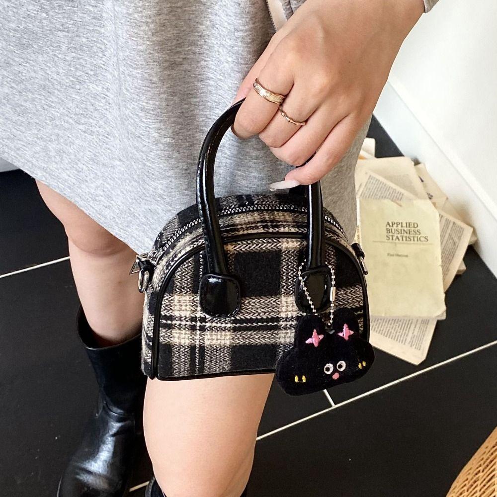 French Style Boston Shoulder Bag Cloth Women Handbags Trendy Woolen Plaid Bowling Bag  Girls