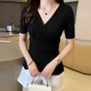 Women Summer V-Neck Ice Silk Knitted Thin Sweater Shirt Top Short Sleeve Slim Irregular Bottoming Button Solid Color