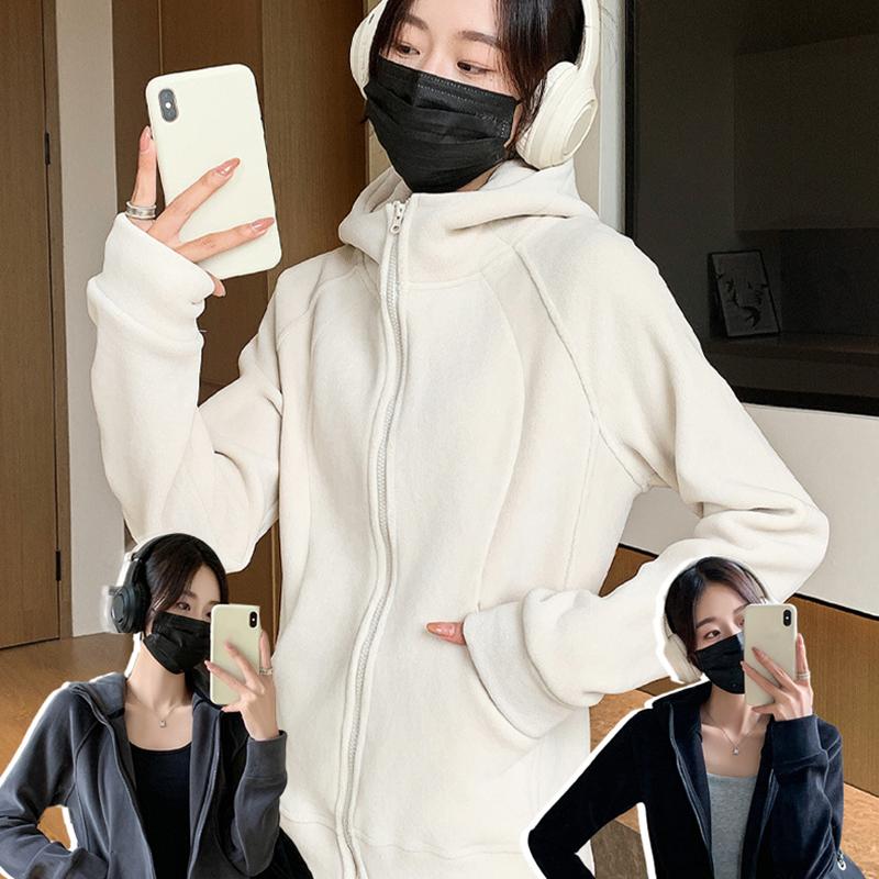 Dámská sportovní bunda na zip s kapucí Podzim Zima Fleecová podšívka Zesílené Mikiny Dámská Jednobarevná Ležérní Volná Mikina Kardigan