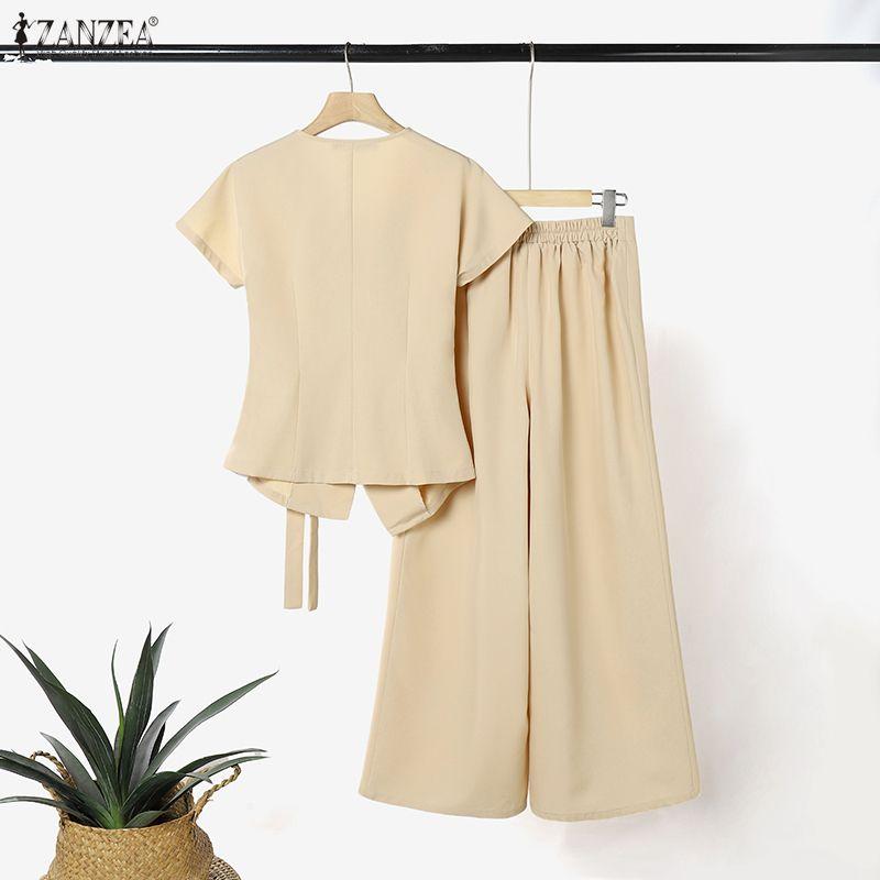 ZANZEA Women Short Sleeve Blouse and Long Pants Casual Two Piece Suit Sets