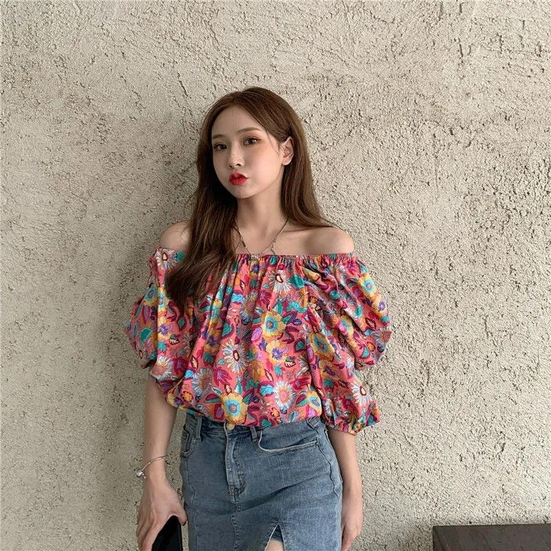 Women's Summer Seaside Holiday Off-shoulder Flower Color Shirts Female Large Size Loose Two Ways To Wear T-shirt Top