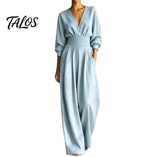 Simple Design Jumpsuit Women's Long Sleeve Jumpsuit, Deep V Neck Loose Wide Leg Everyday Wear Rompers, High Waist Summer Casual One Piece Outfits with