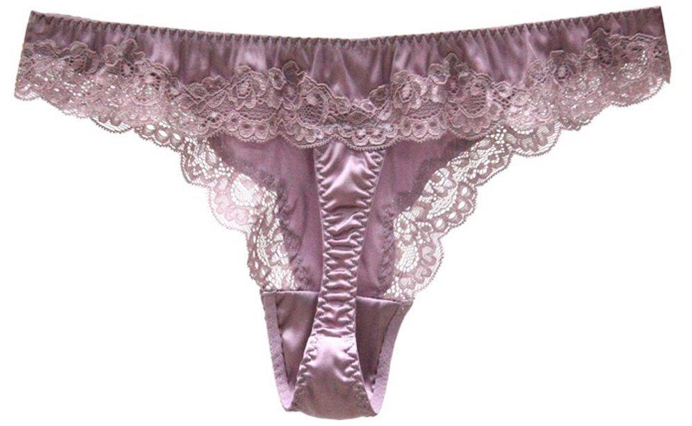 MAYUDAMA SILK Luxury Silk Satin Lace Romantic Panties Pink Low-Rise T-Back Women's (XL, Purple)