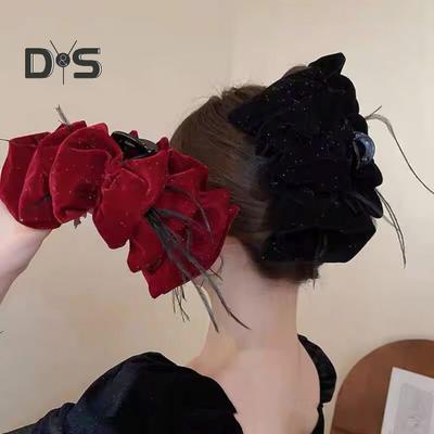 Women Hair Claw Large Pleated Velvet Multi-Layered Bowknot Decor Versatile Hair Clamp Hair Accessories