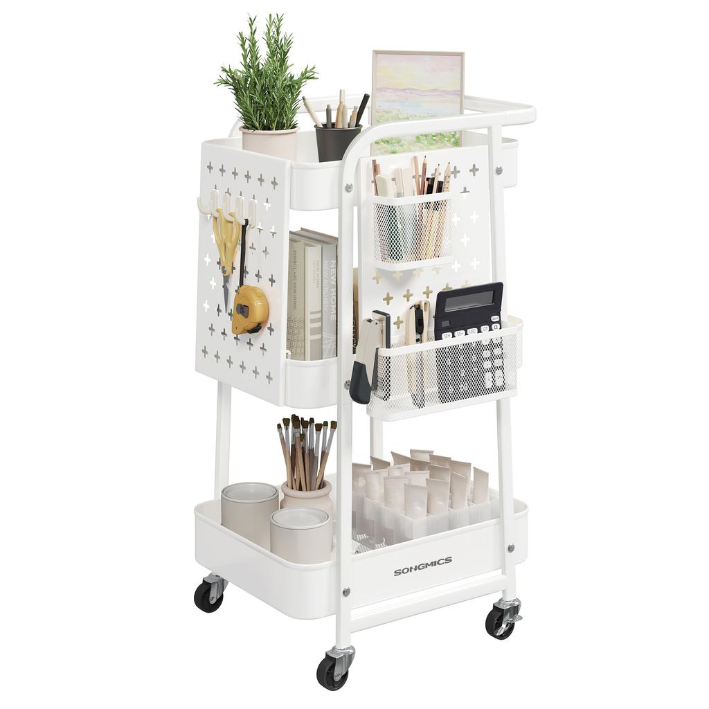 SONGMICS 3-Tier Storage Cart, Rolling Utility Cart, Metal Mesh Shelves, 2 Removable Pegboards, 2 Hanging Holders, 4 Hooks