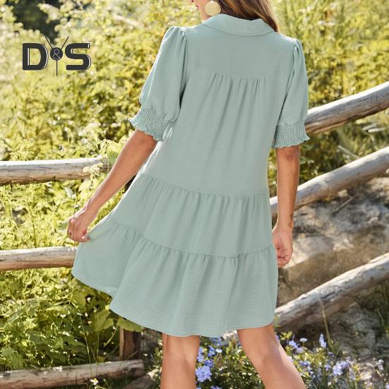 Women's Summer Swing Dress V Neck Short Sleeve Pleated Midi Dress with Lapel Collar Casual Beach Flowy A-Line Sundress