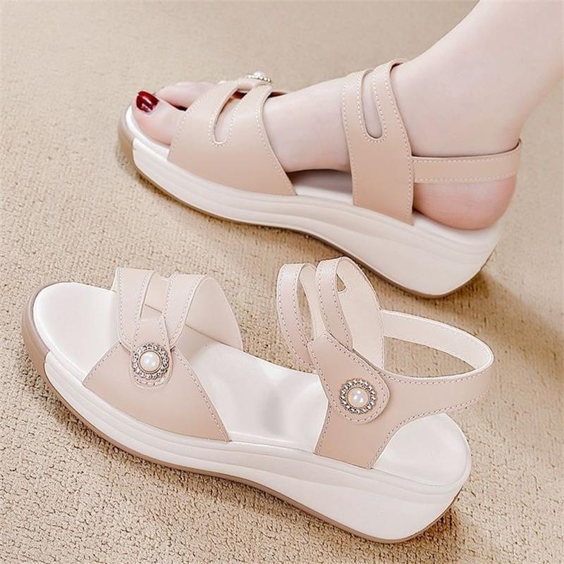 

Soft leather soft-soled sandals women s 2025 summer new wedge heel comfortable and versatile Velcro non-slip and not tired women s sandals 40