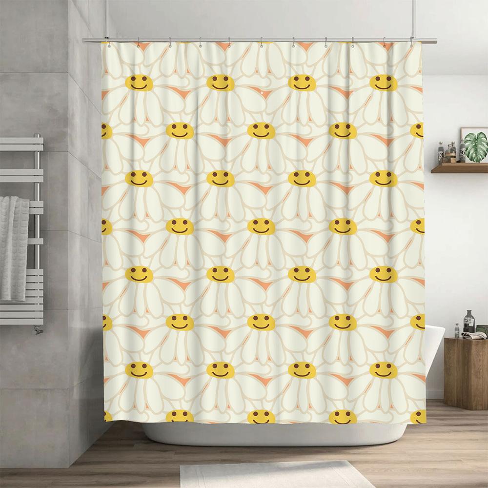Vintage Style Floral Smiley Face Shower Curtain Waterproof Decoration for Bathroom Accessories White Yellow Flowers Pattern