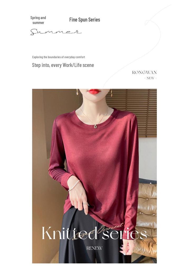 Women's Long Sleeve Round Neck Tencel Cotton Sheer T-Shirt - Slimming, Loose Fit, Knit Base Layer, New Basic Style