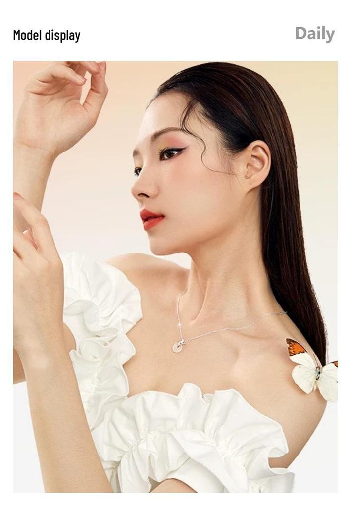 Gold-Plated Silver Butterfly Ping'an White Agate Necklace - Elegant Transparent Design