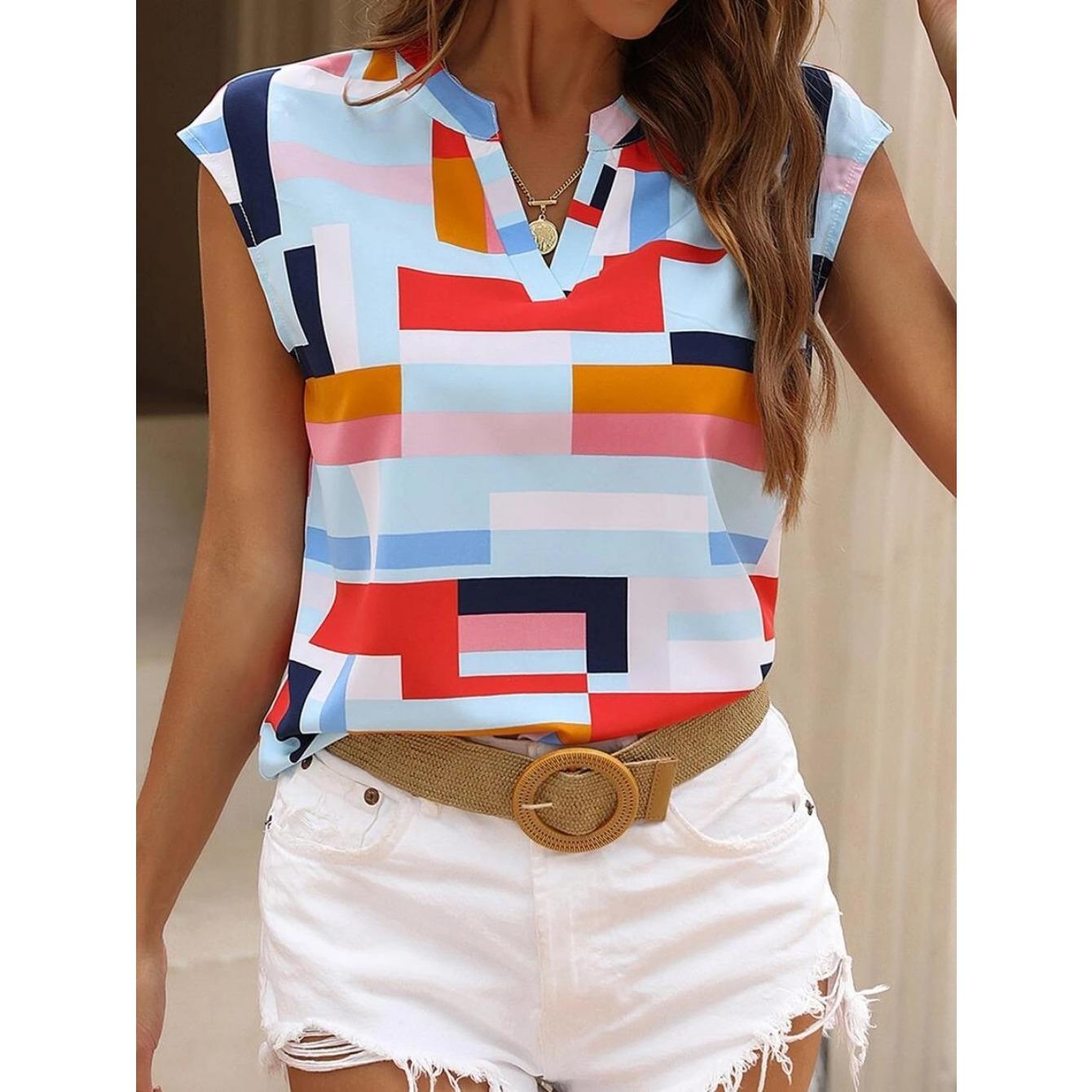 

GMXIA Летний топ-пуловер с геопринтом, рукавами «летучая мышь», V-образным вырезом и вырезом горловины XXL