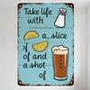 Vintage Distressed Metal Tin Sign with Rusty Borders, Blue Background, Beer Glass Illustration & Playful Handwritten Text - Home