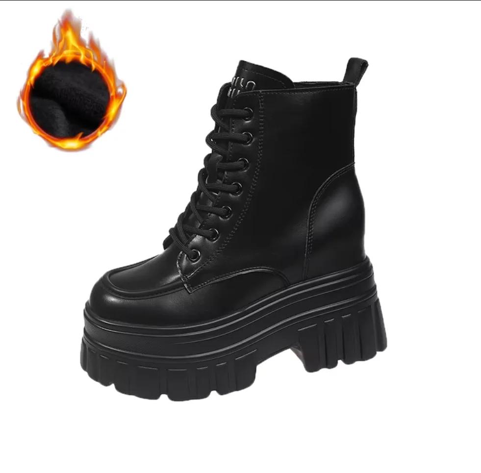 High Platform Ankle Boots Women Lace-up Combat Motorcycle Boots Classic Punk Leather Shoes Woman Thick Soles Warm Fur Snow Boots